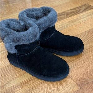 UGG Black Boots with Plush Gray Fur
